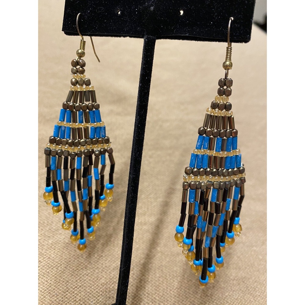 Handwoven Earrings Bohemian / Hippie / Trivial Bead Dangle Drop Turquoise/Brassy